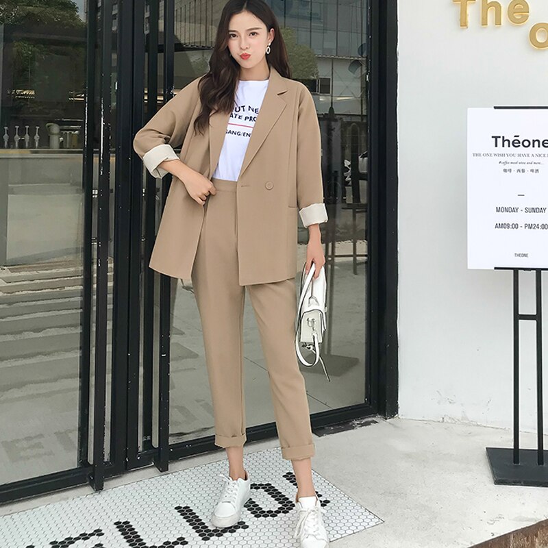 Autumn Casual Solid Women Pant Suits Notched Collar Blazer Jacket & Pant Khaki Female Suit 2 Pieces set