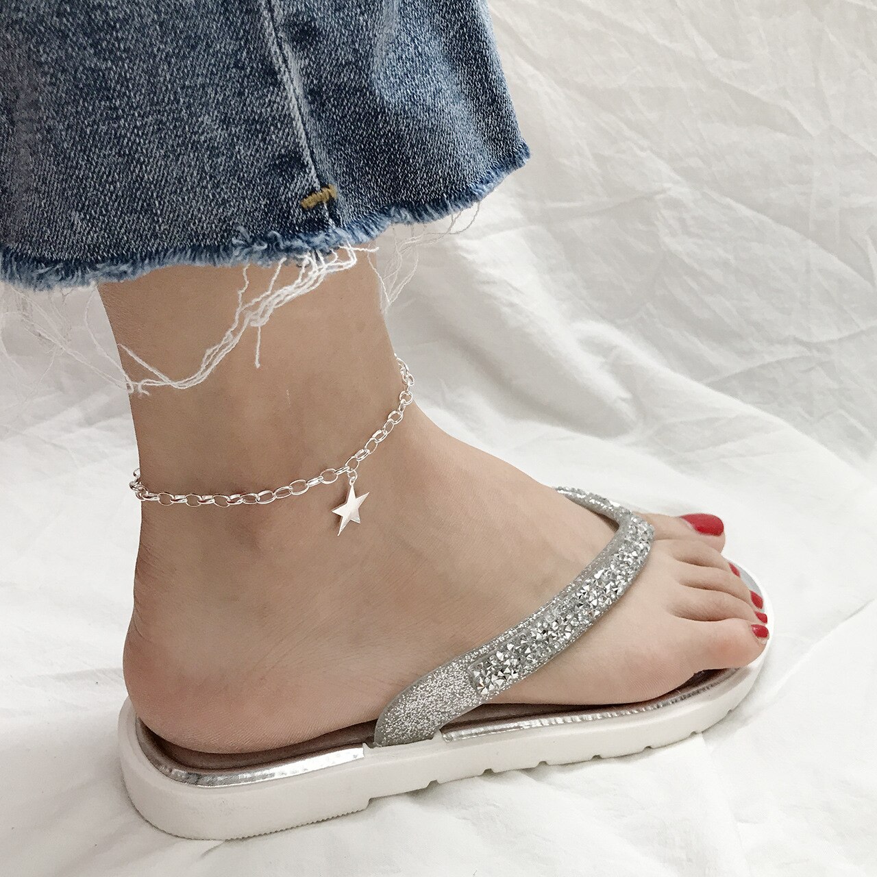 Louleur 925 Sterling Zilveren Enkelbanden Sterren Hanger Enkelbanden O Keten 25Cm Voor Vrouwen Zomer Sieraden Trend Fijne sieraden