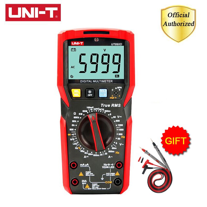 UNI-T UT89XD Digital Multimeter True RMS 1000V 20A AC DC Voltmeter Capacitance Resistance Tester with LED Measure: UT89XD with Probe