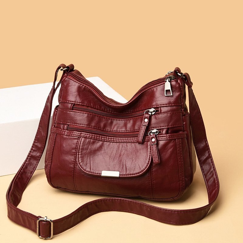Retro women's bag double zipper shoulder bag soft leather handbag simple messenger bag trend multi-pocket bag