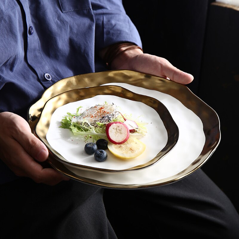Ceramic Inlaid Golden Steak Plate Ripple Western Kitchen Utensils Tray Display Decoration Tableware Dishes