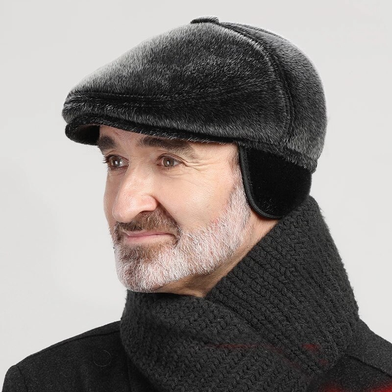 Gorro de invierno de piel sintética con orejeras para hombre, gorra plana con orejeras,