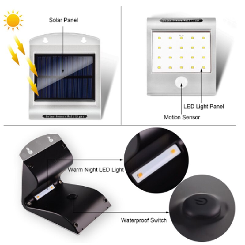 solenergi ledet 2835 vegglampe vanntett  ip66 veranda lys moderne ledet vegglampe pir bevegelsessensor utendørs hage utendørs lys hvit