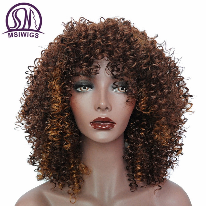 MSIWIGS Ombre Kort Zwart Krullend Pruiken voor Vrouwen Bruin Synthetische Afro Pruik met Pony Hittebestendige Rood Haar
