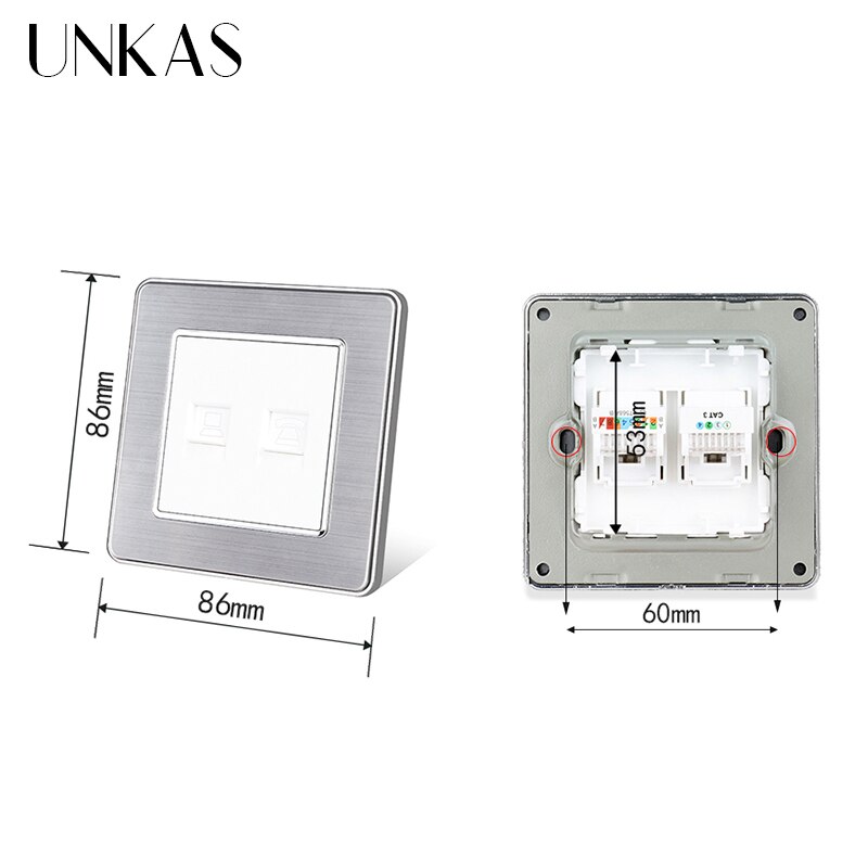 UNKAS Luxury Stainless Steel Panel RJ11 Telephone Jack With Rj45 Internet Computer Port Wall Socket 86MM * 86MM Outlet