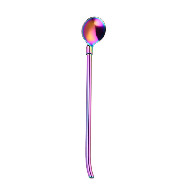 Pajitas reutilizables para beber, cuchara de acero inoxidable, pajilla de bebida larga, portátil, Color arcoíris, cuchara agitadora de cóctel: multicolor