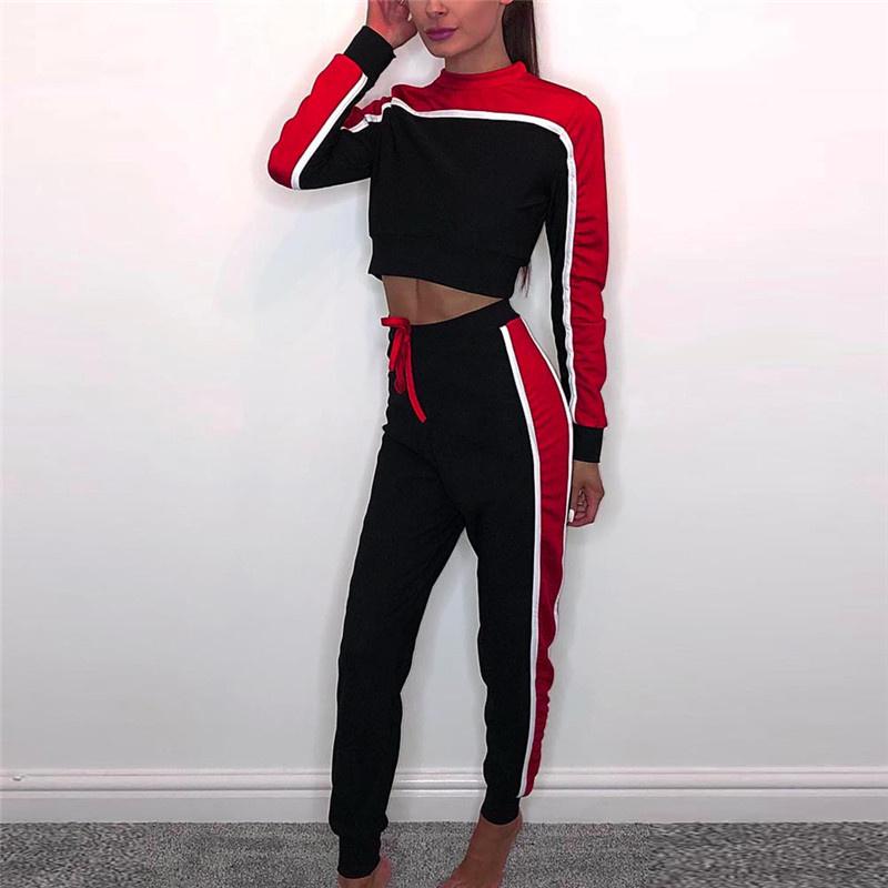 Women Gym Clothing Color Matching O-Neck Long Sleeve Crop Top Lace Up High Waist Pant Tractsuit Sets 2 Piece Sport Jogging Suits