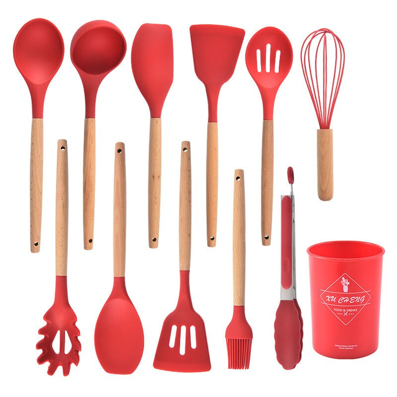 Kitchen Silicone 12-piece Set Wooden Handle Nonstick Silicone Cookware Set