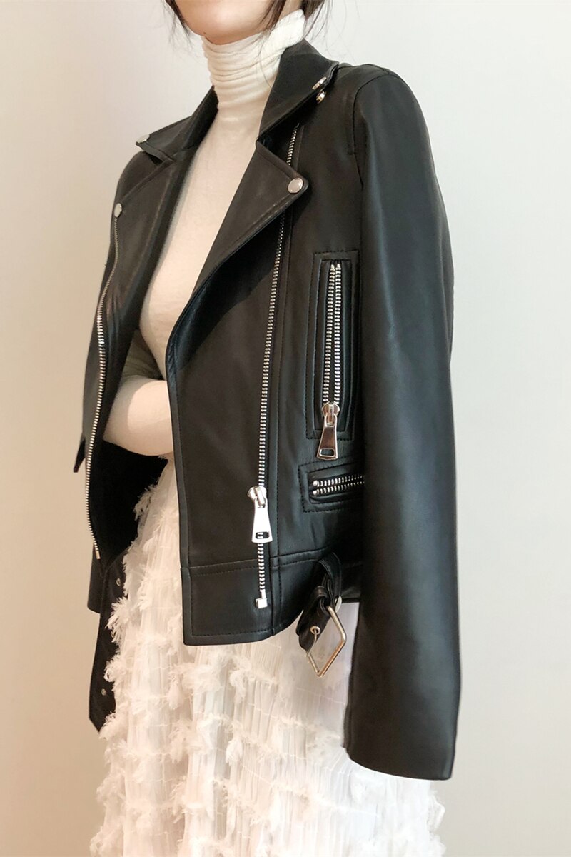 Women Faux Leather Jacket Slash Black Moto Leather Jacket Casual Slim Fall Outwear Street PU Jackets