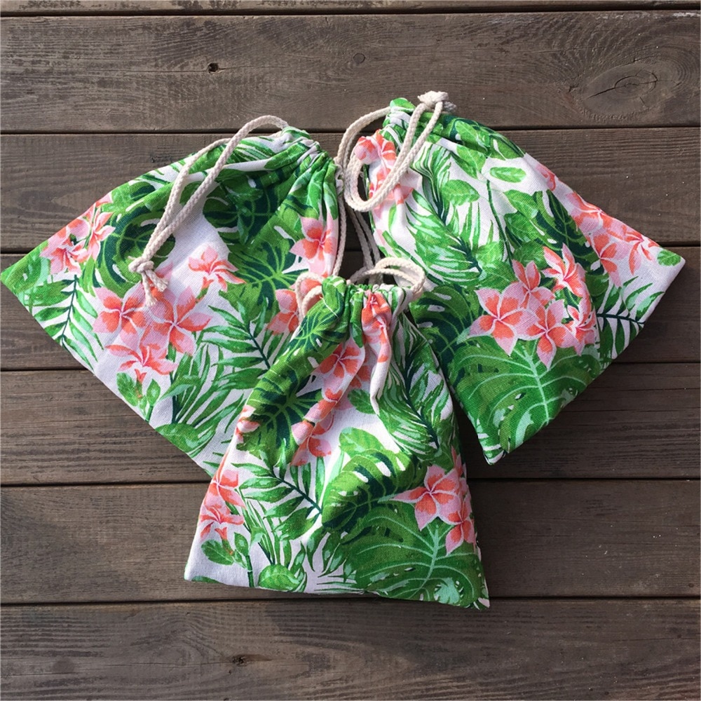 Yile 1pc katoenen linnen trekkoord tas feesttas print groen blad roze bloem  yl812b