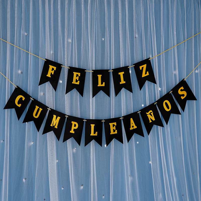Tillykke med fødselsdagen papir krans spansk sprog bannere flag tillykke med fødselsdagen fest indretning levering baby shower dekoration forsyninger: Sort 1