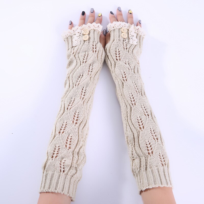 Herfst Winter Mode Handschoen Jaar Kant Knop Gebreide Garen Warm Houden Vingerloze Half Vinger Lady Vrouwen Arm Lange handschoenen: begie