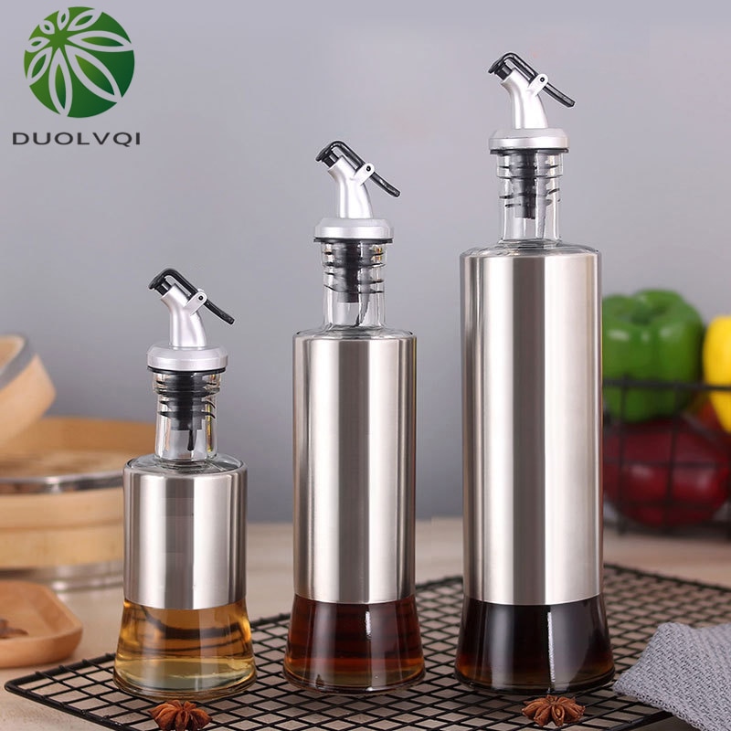 Botella de vidrio para cocina, recipiente de acero inoxidable para aceite, vinagre, vinagrera, almacenamiento, dispensador de salsa de soja, herramientas de cocina