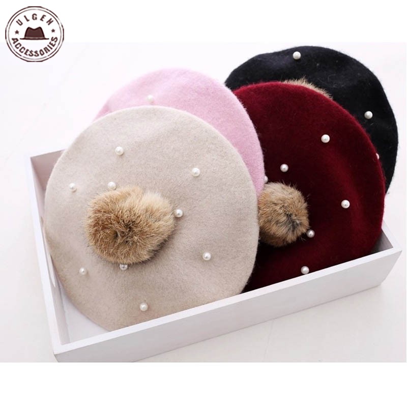 Børn perle kanin pels baret hat til baby piger hue hatte med pompon multicolor