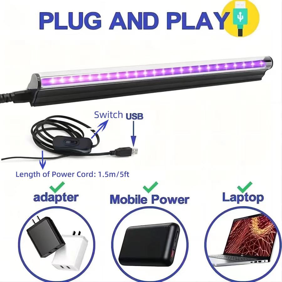 Barra de luz negra de luz UV USB de 5W para pintura corporal, luces negras de 395nm, póster de tapiz, tira de luces UV de tubo T5 para brillante para gabinete