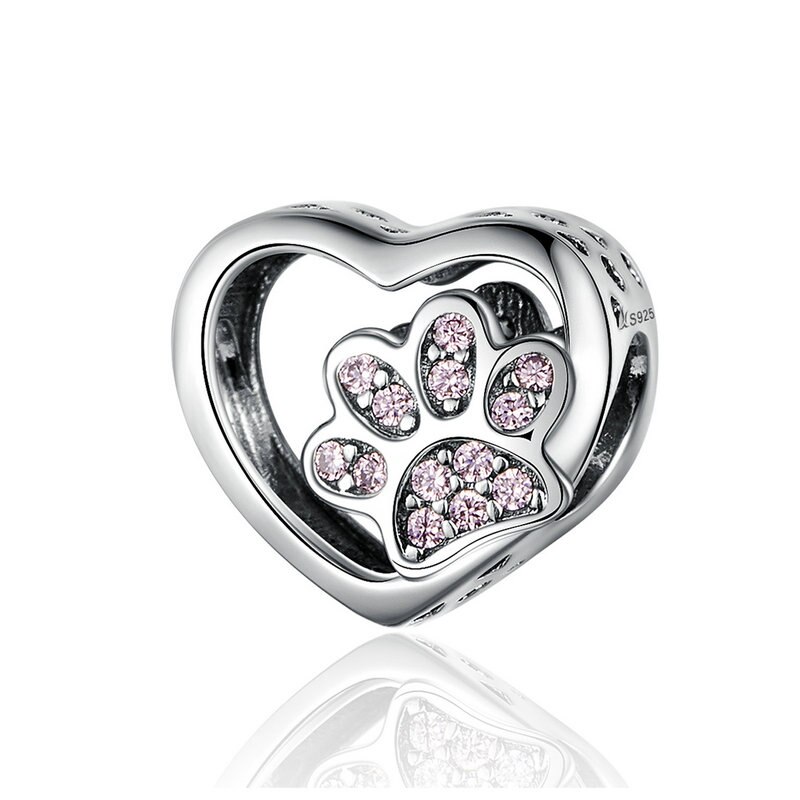 BISAER Dier Liefde Kralen 925 Sterling Zilver Hond Kat Voetafdrukken Charms fit Roze Zirkoon Armbanden DIY Sieraden Maken ECC1191: ECC1191