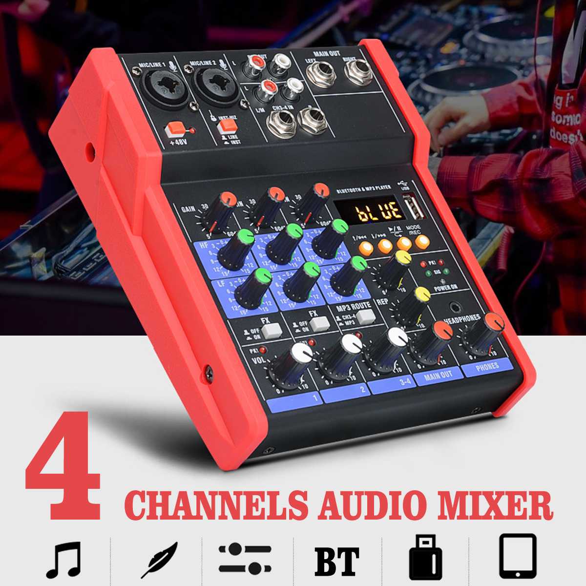 bluetooth Portable Audio Mixer w/USB DJ Sound Mixing Console MP3 Jack 4 Channel Karaoke 48V Amplifier Karaoke KTV Match Party