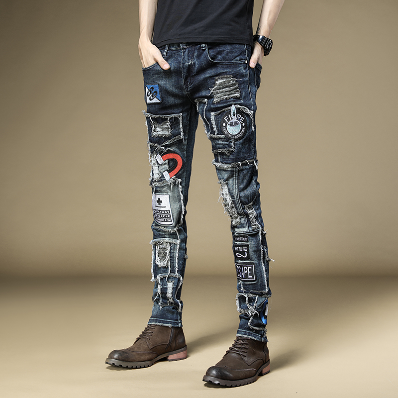 Mænds denim jeans til mænd efterår broderede slim feet bukser hip-hop rock tide fritid fritidsbukser 73% bomuld