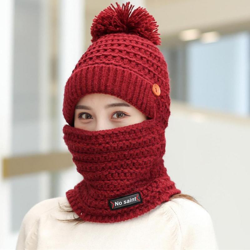 Pluche gebreide slabbetje eendelige muts dames gebreide muts warm masker voor vrouwen meisjes muts pompon bontmutsen mutsen skullies  a5 f 5