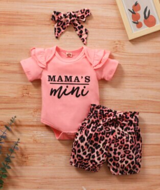 Baby Mädchen Vier-stück Kleidung Set, Kurzarm Romper + Shorts + Kopfschmuck + Bund, schwarz/Rosa: 1 / 12m