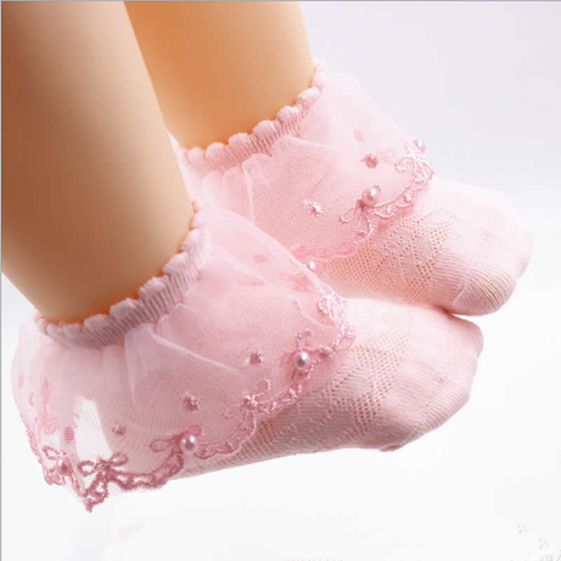 Bebé niña encaje Calcetines de encaje de princesa de algodón bebé calcetín Delgado niño corto de perlas de primavera y verano recién nacido bebé rosa blanco