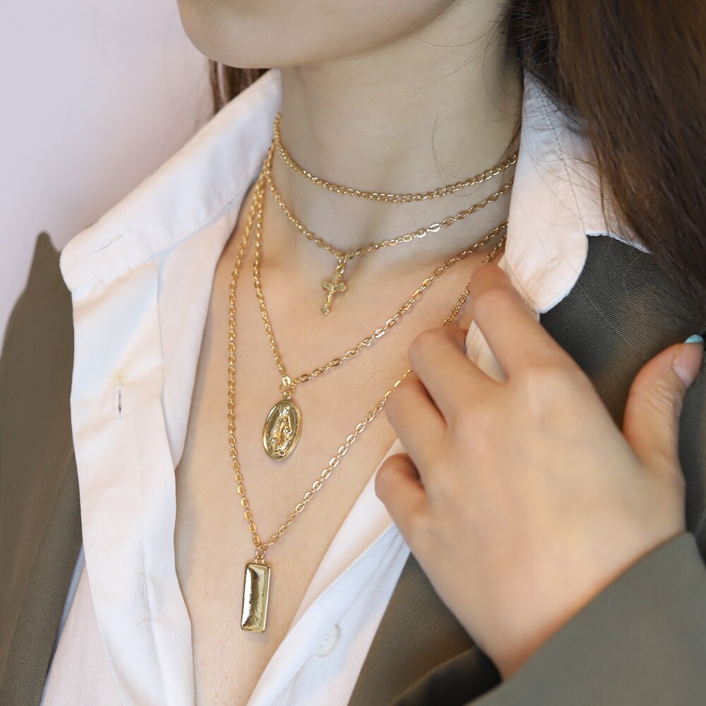 Punk Felsen Jahrgang mehrschichtig Anhänger Halskette Frauen Gold Farbe Perlen Kreuz Halsband Halsketten Kumpel Hüfte hüpfen Schmuck Neue