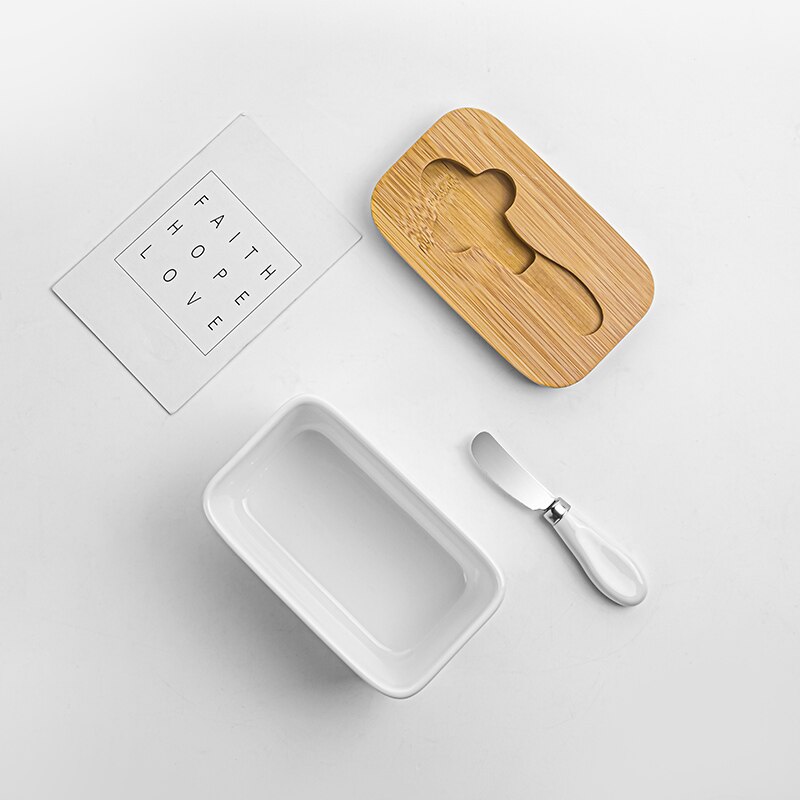 Ceramic Wooden Butter Box Cheese Tray Rectangular White Dish with Lid Oil Container for Butter Keeps Butter Storage Case Jar