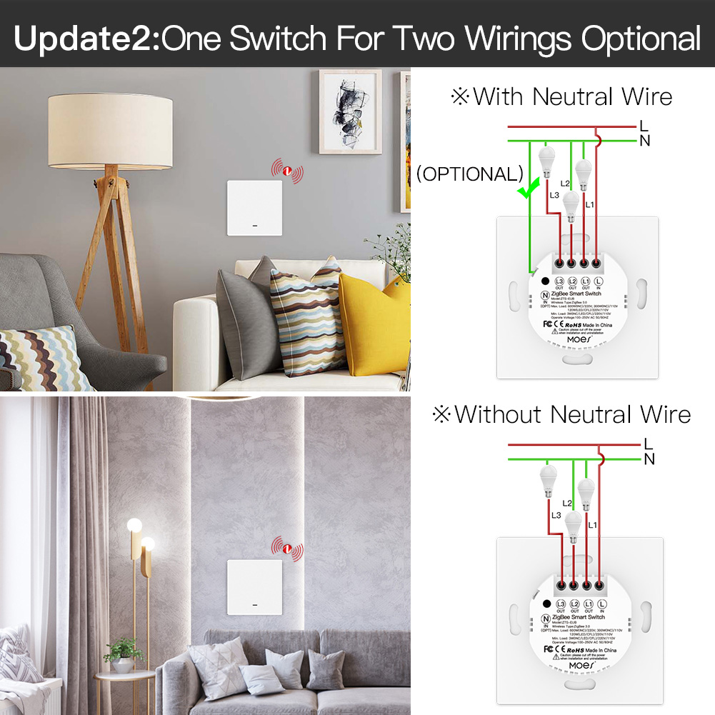 MoesHouse-interruptor de luz inteligente Tuya ZigBee, sin cable neutro, sin condensador, vida inteligente, 2/3 vías, funciona con Alexa y Google Home
