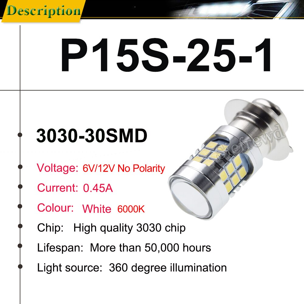2Pcs Motorcycle LED Headlight Bulb P15S P15S-25-1 1151 White Scooter Moped Bike ATV UTV Replace Front Headlamp Light Lamp 6V 12V