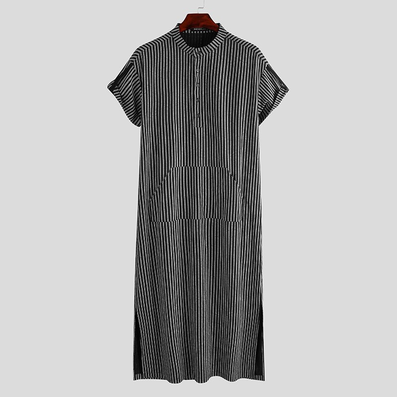 Incerun stribede mænd islamisk arabisk kaftan korte ærmer afslappede muslimske rober bomuldslommer mellemøsten mænd jubba thobe s -5xl: Sort / M