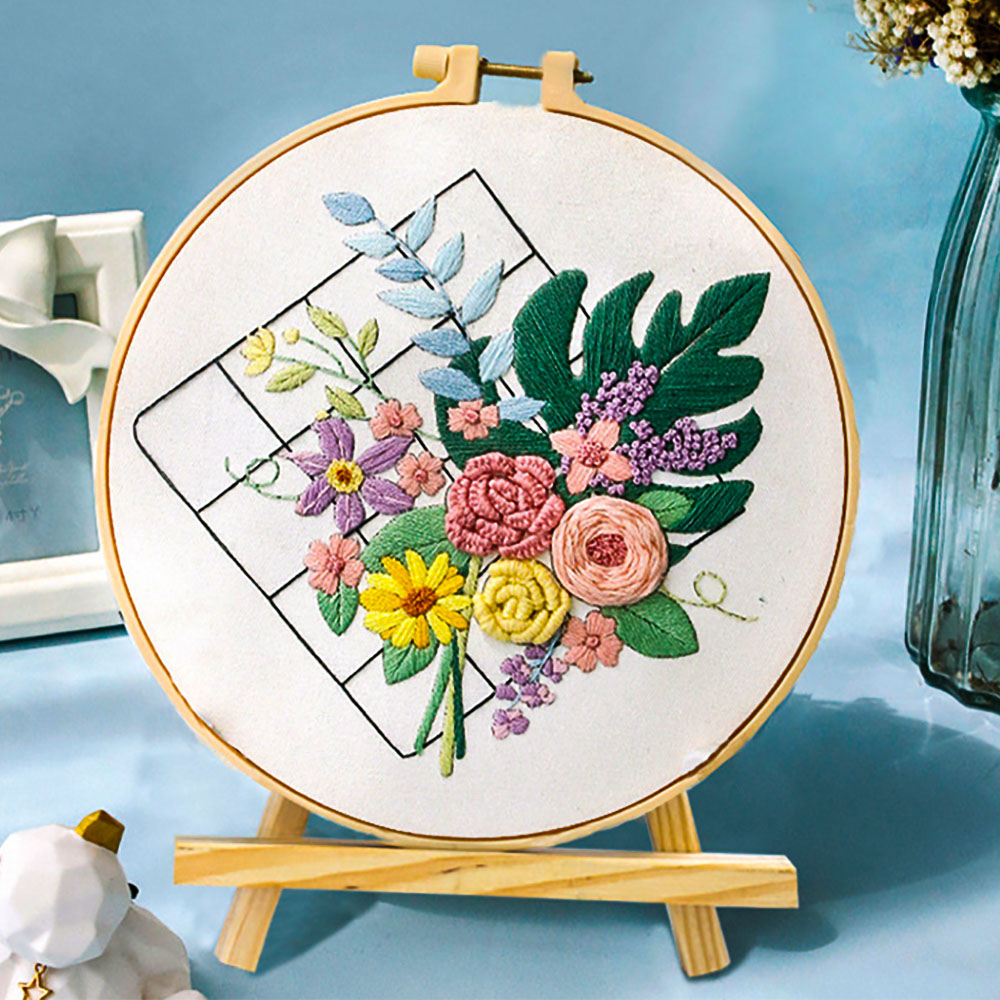 Kit de punto de cruz estampado, bordado de flores, planta, conjunto para principiantes todo incluido para adultos, arte de relajación, artesanía, aro de de cumpleaños: naranja