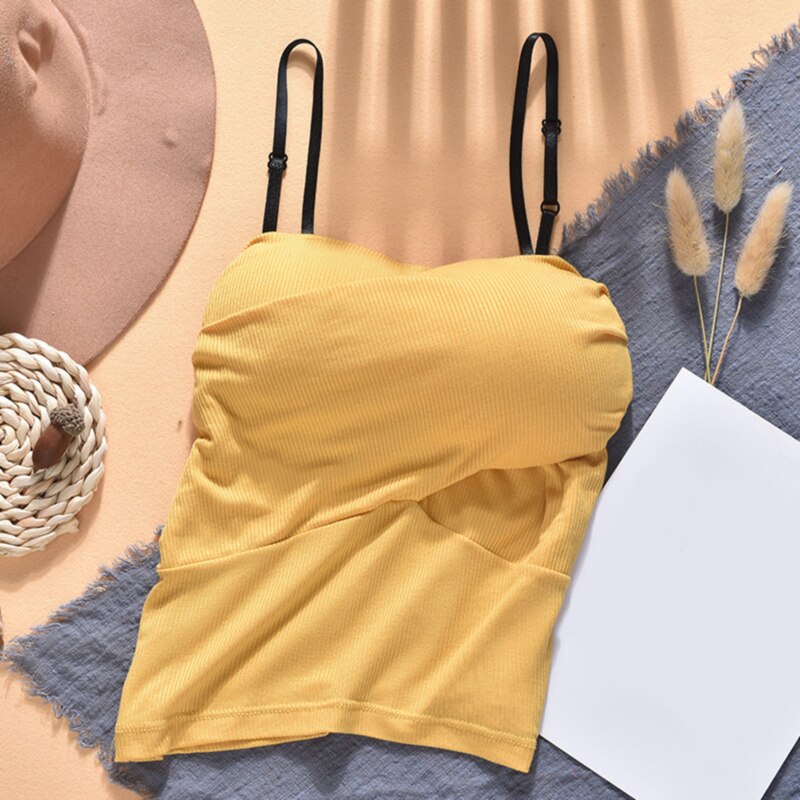 Sexig kvinnaväst sommar enfärgad slimmad crop top ärmlös sele kort stötsäker push-up väst för kvinnor: Gul