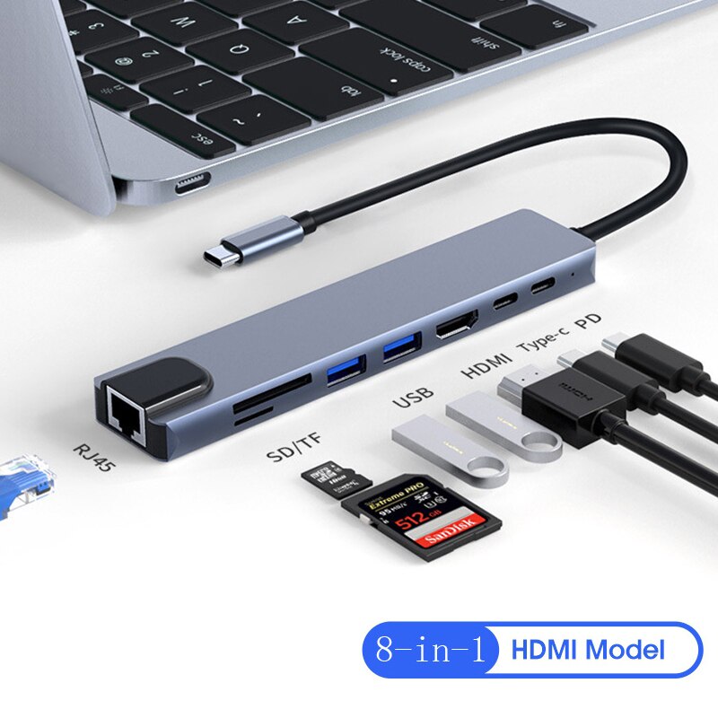 8 -i- 1 usb-c-hub, type-c-splitter, 4k thunderbolt 3- dokkingstasjon, bærbar pc-adapter for macbook air  m1, ipad pro  rj45 , hdmi-datamaskin