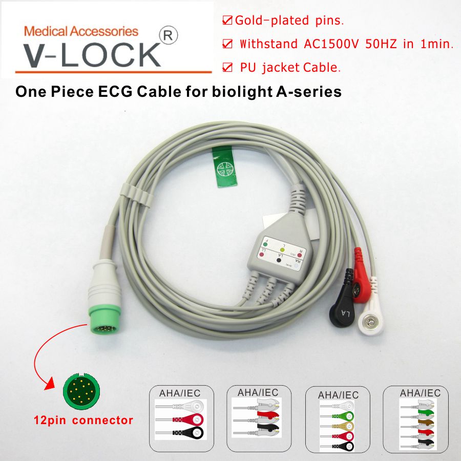 Een Stuk Ecg-kabel Met 3Leads 5Leads Grabber Snap Voor Biolight Een-Serie Patiënt Monitor