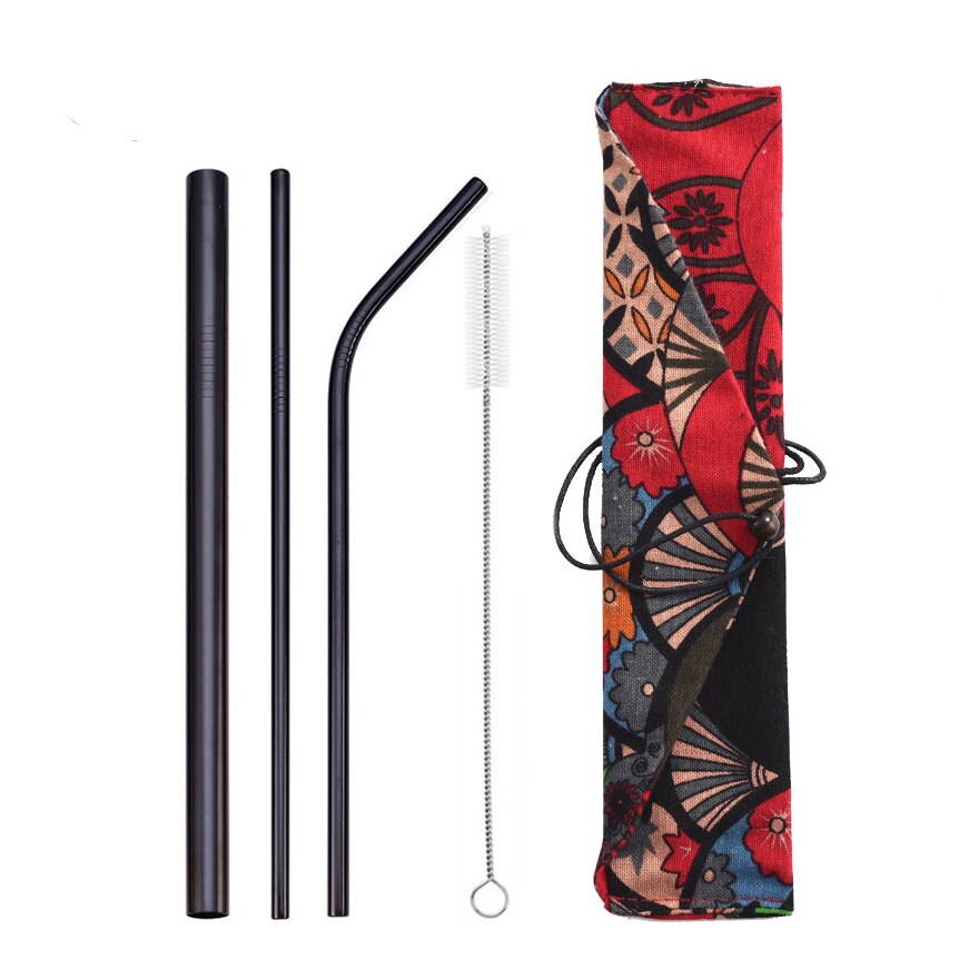 Reusable Metal Drinking Straws 304 Stainless Steel Straw Bent Straight Smoothies Straw with Cleaning Brush Bar Party Accessory: black-bag4