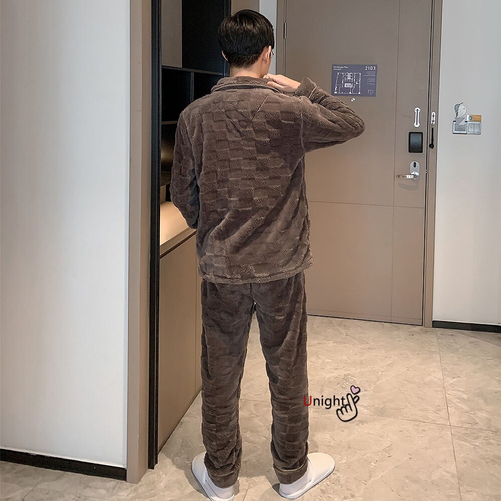 Pijamas gruesos de franela cálida para hombre, ropa de dormir larga, de lana Coral, para el hogar, 3xl, 4XL, Otoño e Invierno