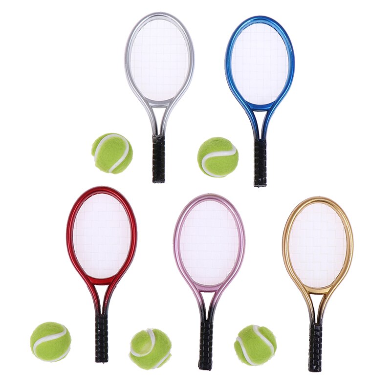 2Pcs 1:6 /1:12 Miniatuur Kinderen Tuin Mini Tennisracket & Ball Poppenhuis Poppenhuis Accessoire