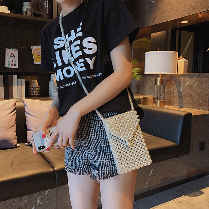Stock Local femmes Tissé À La Main Sac De Perles Blanc Femmes Perlée Rouge À Lèvres Poche Sac INS