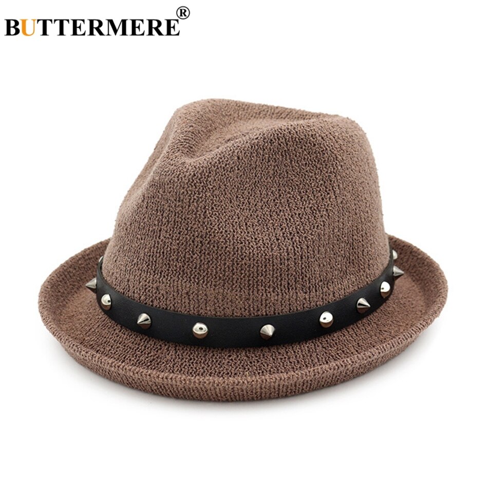 Buttermere fedora hoed dames klinknagel effen beige trilby hoed jazz hoed casual lus garen zomer herfst vrouwelijke punk rock pet