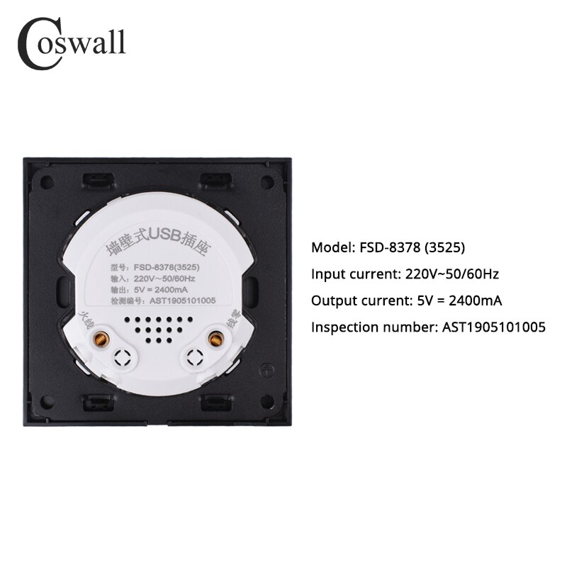 Coswall aluminium metalpanel vægstikkontakt dobbelt usb ladeport 2.4a udgang led indikator  r11 serie  r12 serie sort