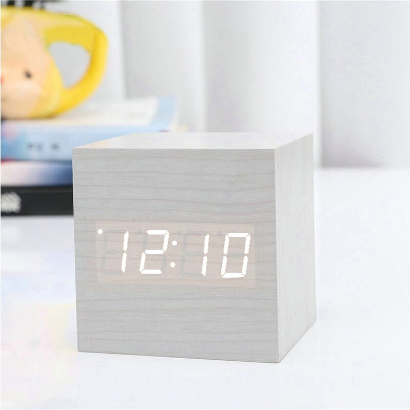 Led træ vækkeur ur bord stemmestyring vågne lys digitalt træ ur alarm usb/aaa powered ure bord boligindretning: S hvid hvid