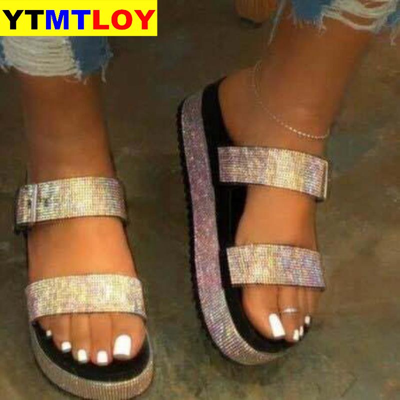 Zomer Strand Bling Bling Crystal Rome Dames Sandalen Strass Platform Gemengde Kleur Uitsparingen Wiggen Vrouwen Sandalen Schoenen Vrouw