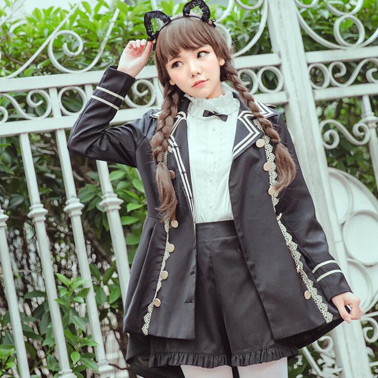 Japansk collegestil vintage dubbelknäppt spets slagslag svala svans trench lolita kappa långärmad skjorta shorts kostym loli cos