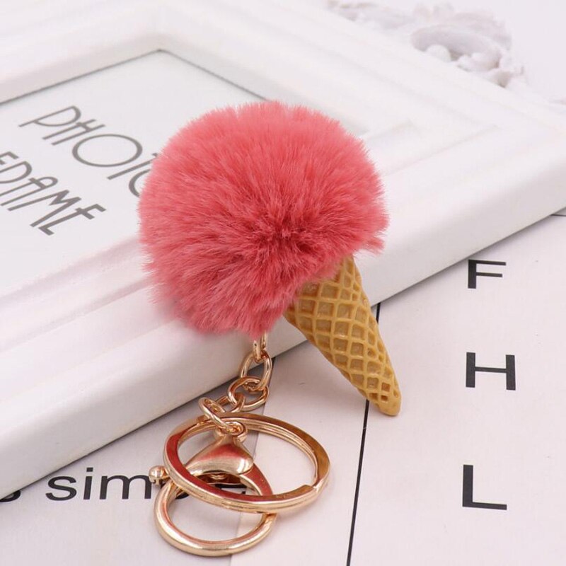 Cute ice cream Keychain Glitter Pompom Key Chain for Women Llaveros Mujer Car Bag Accessories Key Ring Wedding Souvenir: dark pink