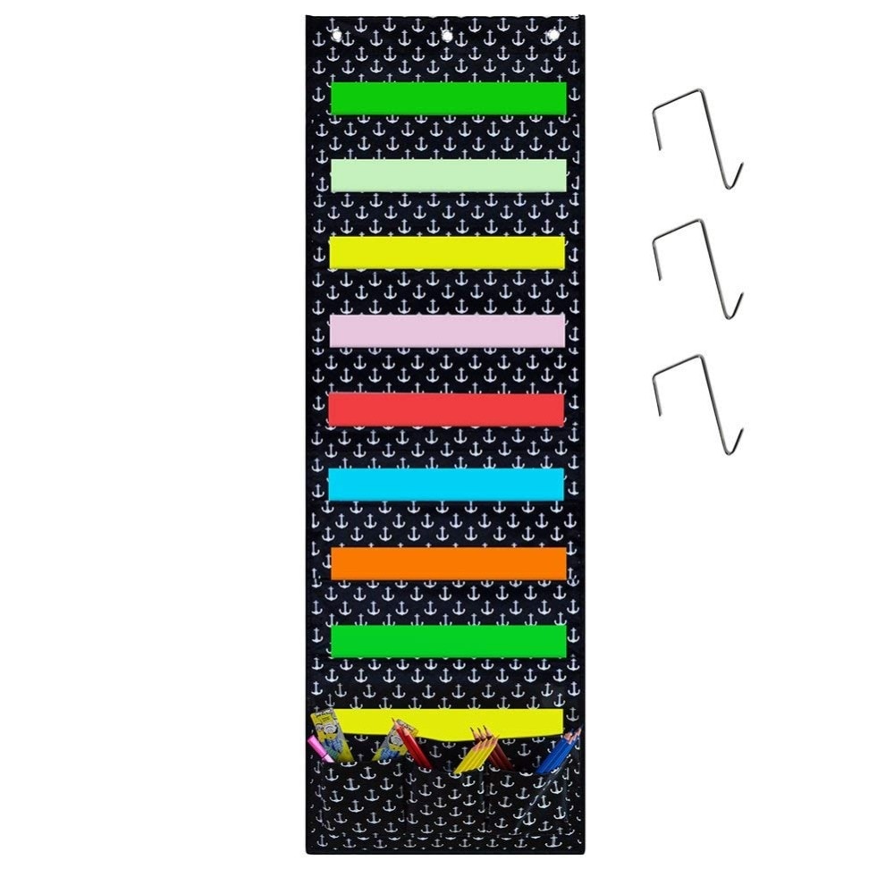Godery wall pocket chart organizer, skolelomme diagram 9 store lommer 3 små lommer og 3 bøjler, multifunktions vægophæng