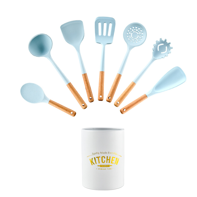 Light Blue Silicone Kitchenware Set Spatula Ladle Egg Beaters Shovel Soup Spoon Non Stick Cookware Kitchen Utensils 8-13 PCS: 8 pcs set