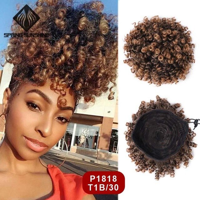 6inch Short Afro Puff Synthetic Hair Bun Kinky Curly Chignon Hairpiece For Women Drawstring Ponytail Updo Hair Extensions 1PC: 1818-T1B-30