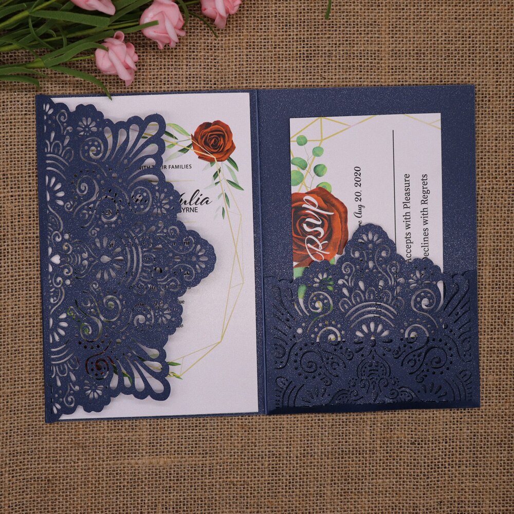 Tarjetas de papel perlado para invitación de boda, papel brillante de 250gsm tallado para invitaciones de cumpleaños, bautismo, , recuerdo, 10 unids/paquete: Dark blue