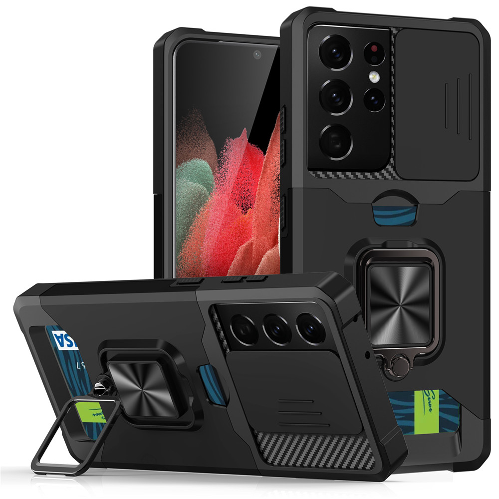Til samsung galaxy note 20 ultra 5g etui slide panser stødsikkert kort slot etui note 20 note 20 ultra magnetisk metal stativ cover: Galaxy note 20 ultra / Sort