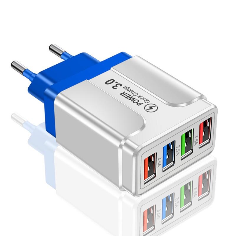45W USB phone Charger 4 Ports QC3.0 Quick Charge 3.0 4.0 Universal Wall Fast Charging Adapter For iPhone Mobile Phone Chargers: Blue EU